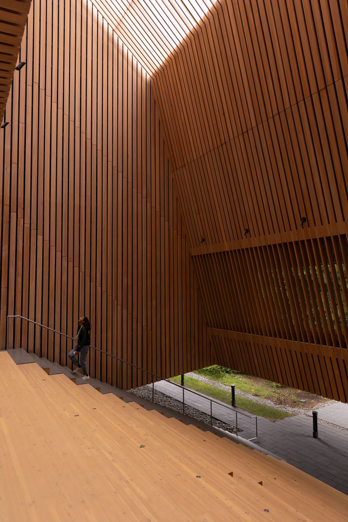Timber-slatted stair hall rising to a skylight, with a visitor descending the steps – Audain Art Museum by Patkau Architects. Photograph by Daniel Avery.