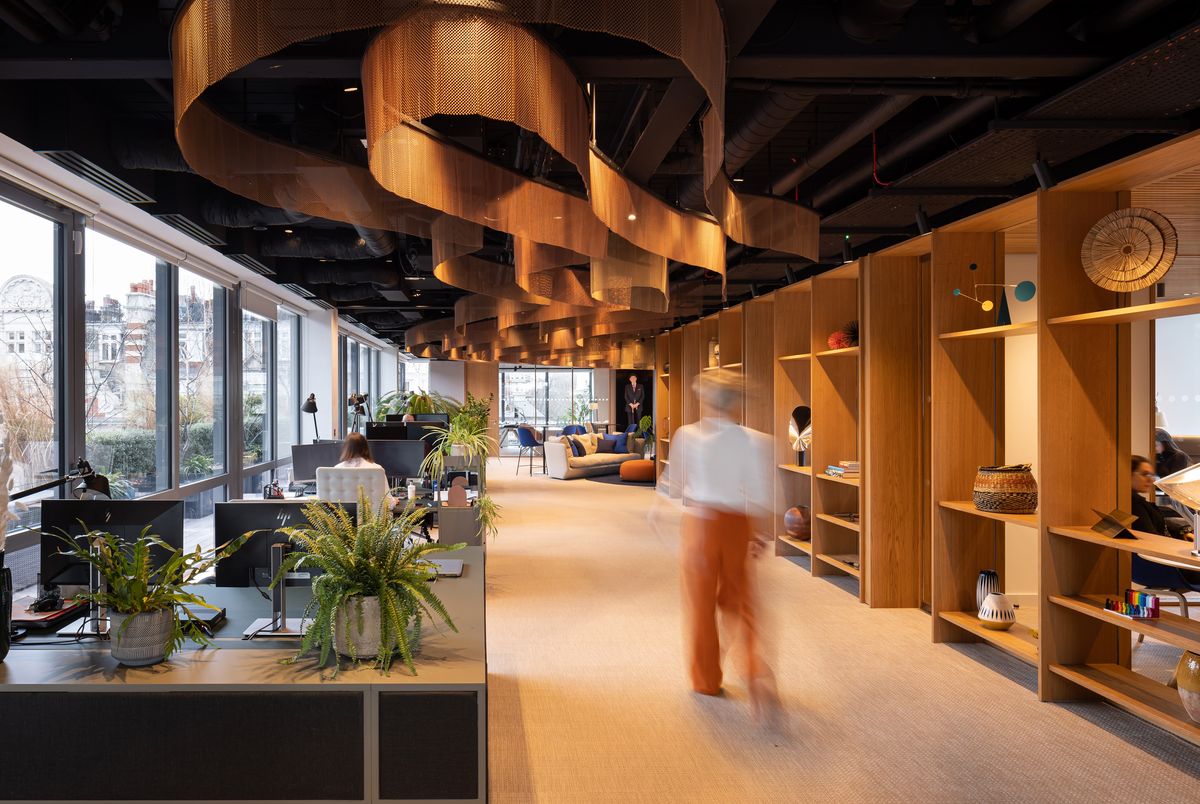Open-plan office with sculptural timber ribbon ceiling and oak shelving – Endeavour Offices by Studio Von B. Photograph by Daniel Avery.